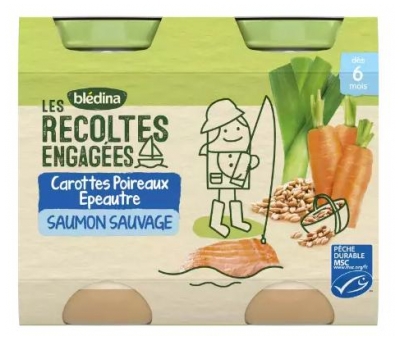 Blédina Les Récoltes Engagées Carottes Poireaux Epeautre Saumon Sauvage dès 6 Mois 2 Pots (à consommer de préférence avant le 09/10/2026)