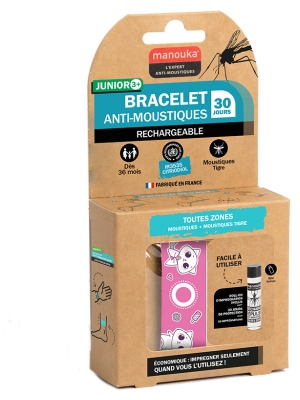 Manouka Bracelet Junior Anti-Moustiques + Recharge 6 ml - Modèle : Chat