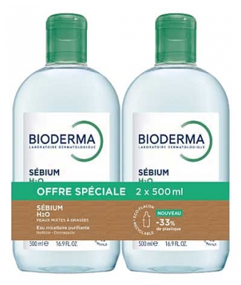Bioderma Sébium H2O Eau Micellaire Purifiante Peaux Mixtes à Grasses Lot de 2 x 500 ml