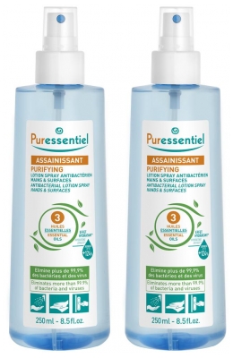 Puressentiel Assainissant Lotion Spray Antibactérien Mains & Surfaces aux 3 Huiles Essentielles Lot de 2 x 250 ml