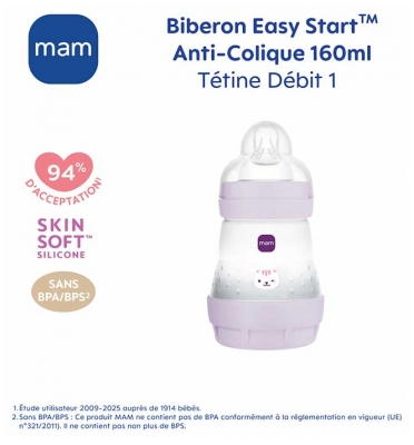 Mam Biberon Easy Start / Anti-Colique - 260 ml - Blanc - Tétine Débit 2 - Couleur : Mauve Chat