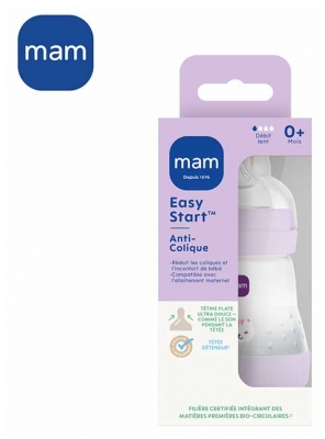 Mam Biberon Easy Start / Anti-Colique - 260 ml - Blanc - Tétine Débit 2 - Couleur : Mauve Chat