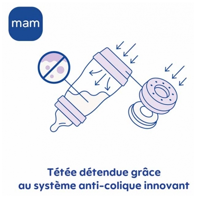 Mam Biberon Easy Start / Anti-Colique - 260 ml - Blanc - Tétine Débit 2