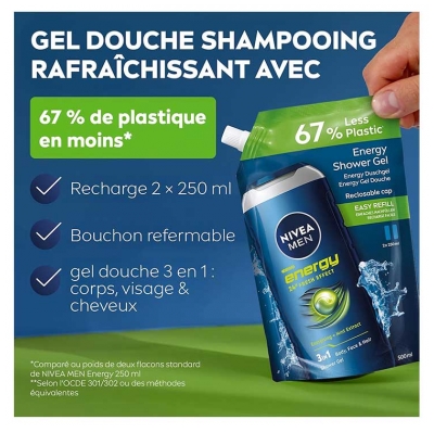 Nivea Men Energy Gel Douche 3en1 Fraicheur 24H à l'Extrait de Menthe Éco-Recharge 500 ml