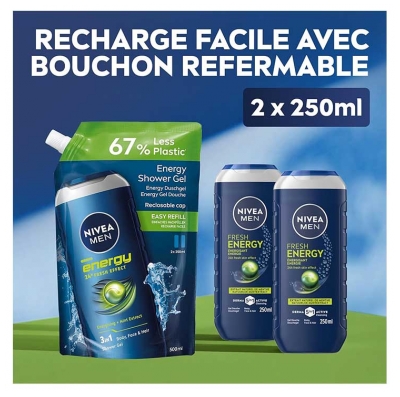 Nivea Men Energy Gel Douche 3en1 Fraicheur 24H à l'Extrait de Menthe Éco-Recharge 500 ml