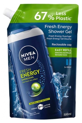 Nivea Men Energy Gel Douche 3en1 Fraicheur 24H à l'Extrait de Menthe Éco-Recharge 500 ml