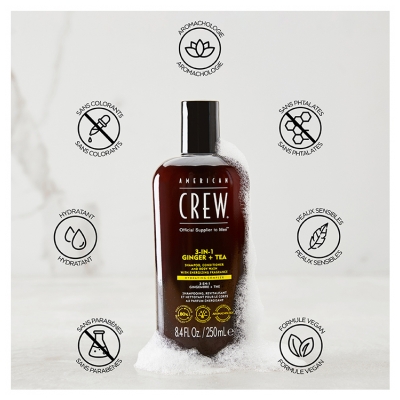 American Crew American Crew 3-en-1 Gingembrethé Shampooing Après Shampooing & Gel Douche Pour Cheveux et Corps (450Ml) Revitalisant et Hydratant.
