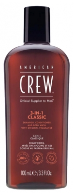 American Crew American Crew 3-en-1Format Voyage Shampooing Après Shampooing & Gel Douche Pour Cheveux et Corps (100Ml) Revitalisant Hydratant et Apaisant.