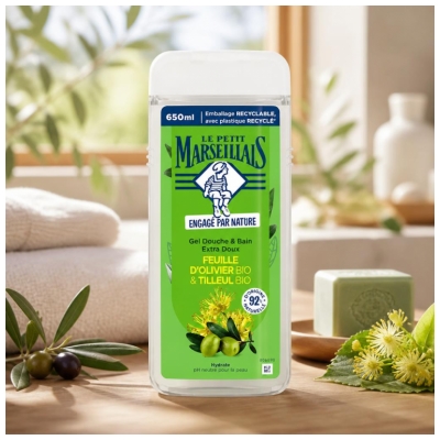 Le Petit Marseillais Gel Douche & Bain Hydratant Extra Doux Feuille d'Olivier Bio & Tilleul Bio 650 ml