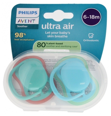 Avent Ultra Air 2 Sucettes Unies 6-18 Mois - Couleur : Vert et Bleu