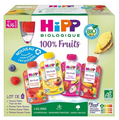 HiPP 100% Fruits dès 4/6 Mois Bio 8 Gourdes (à consommer de préférence avant le 07/11/2026)