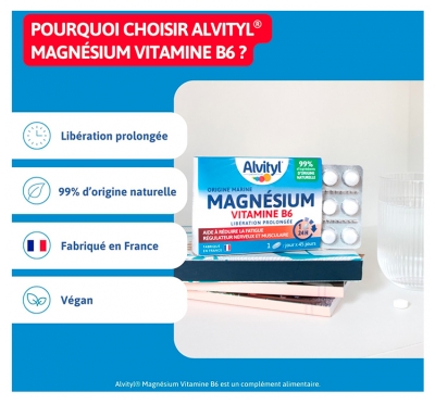 Alvityl Magnésium + Vitamine B6 - Libération Prolongée - Origine Marine - 99% d'Origine Naturelle - Aide à Réduire la Fatigue - Fabriqué en France - 45 Jours - Dès 12 Ans
