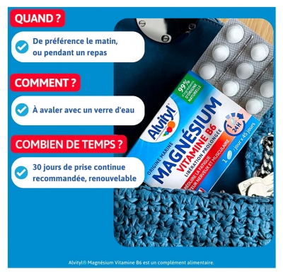 Alvityl Magnésium + Vitamine B6 - Libération Prolongée - Origine Marine - 99% d'Origine Naturelle - Aide à Réduire la Fatigue - Fabriqué en France - 45 Jours - Dès 12 Ans