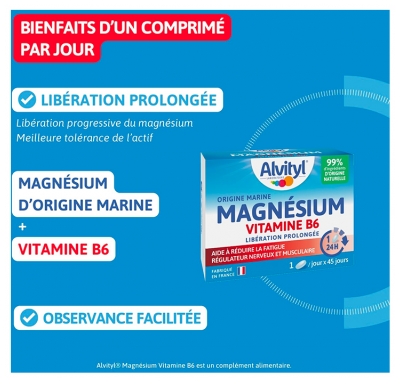 Alvityl Magnésium + Vitamine B6 - Libération Prolongée - Origine Marine - 99% d'Origine Naturelle - Aide à Réduire la Fatigue - Fabriqué en France - 45 Jours - Dès 12 Ans