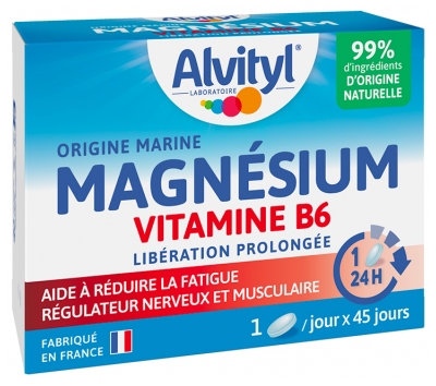 Alvityl Magnésium + Vitamine B6 - Libération Prolongée - Origine Marine - 99% d'Origine Naturelle - Aide à Réduire la Fatigue - Fabriqué en France - 45 Jours - Dès 12 Ans