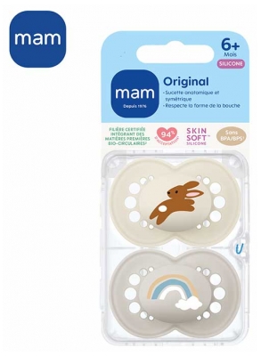MAM Sucette Original 6+ Mois - Silicone X2 - Modèle : Lapin et Arc-en-Ciel