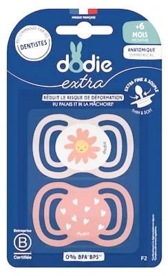 Dodie Extra 2 Sucettes Anatomiques Symmetrical + 6 MOIS - Couleur : Fleur/Coeurs