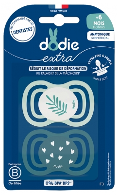 Dodie Extra 2 Sucettes Anatomiques Symmetrical + 6 MOIS - Couleur : Feuille/Cœurs