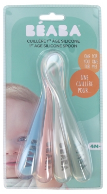Béaba Lot de 4 Cuillères 1Er Âge Silicone Rainbow (Coloris Assortis Yellow/Light Blue/White/Dark Blue) - Couleur : Bleu, Rose, Gris, Kaki