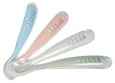 Béaba Lot de 4 Cuillères 1Er Âge Silicone Rainbow (Coloris Assortis Yellow/Light Blue/White/Dark Blue)