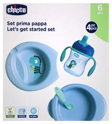 Chicco Coffret Repas (Assiette Maintien au Chaud + Assiette Creuse Décorée + Tasse Training + Cuillère Coudée) - Bleu - 6M+