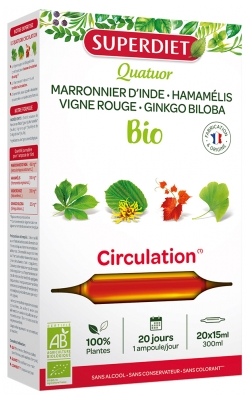 Superdiet Quatuor Vigne Rouge Circulation Bio
Marronnier d'Inde Hamamélis Vigne Rouge Ginkgo - 20 Ampoules de 15 ml