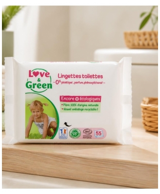 Love & Green Lingettes Toilettes en Fibres 100% Naturelles et Biodégradables X 55