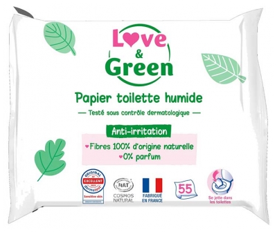 Love & Green Lingettes Toilettes en Fibres 100% Naturelles et Biodégradables X 55