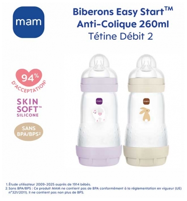 MAM 2 Biberons Easy Start Débit 2 260 ml Dès 2 Mois - Couleur : Lilas/Sable