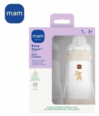 MAM 2 Biberons Easy Start Débit 2 260 ml Dès 2 Mois - Couleur : Lilas/Sable