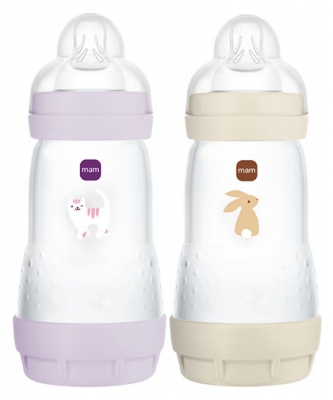 MAM 2 Biberons Easy Start Débit 2 260 ml Dès 2 Mois - Couleur : Lilas/Sable