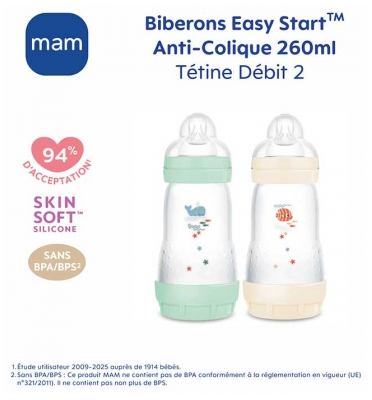 MAM 2 Biberons Easy Start Débit 2 260 ml Dès 2 Mois