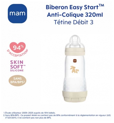 MAM Biberon Easy Start 320 ml Débit 3 Rapide 4 Mois et + - Couleur : Sable