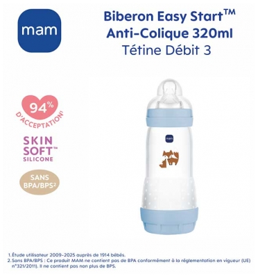 MAM Biberon Easy Start 320 ml Débit 3 Rapide 4 Mois et + - Couleur : Bleu