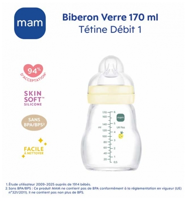 MAM Biberon Verre Premium Débit 1 170 ml Dès la Naissance