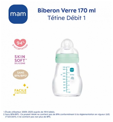 MAM Biberon Verre Premium Débit 1 170 ml Dès la Naissance - Modèle : Forêt