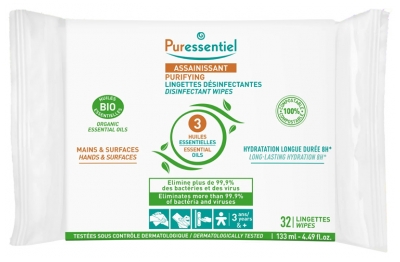 Puressentiel Lingettes Désinfectantes Mains & Surfaces Aux 3 HE - 32 Lingettes