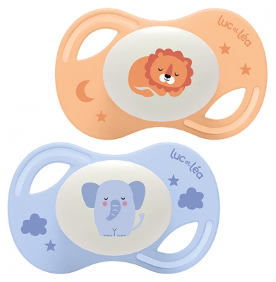 Luc et Léa Collection Nuit 2 Sucettes Téterelle Extra-Fine Anatomique 18 Mois et + - Modèle : Éléphant et Lion