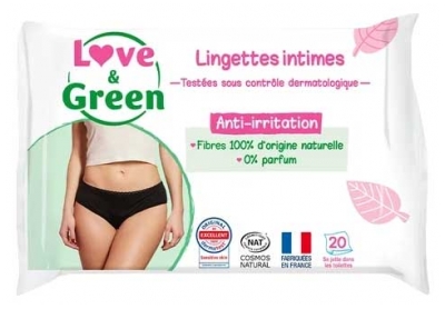 Love & Green Lingettes Intimes Apaisantes Sans Parfum X 20