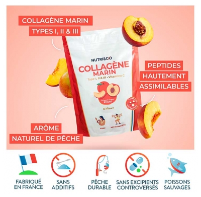 Nutri&Co Collagène Marin Type 1 et 2 Peau & Articulations Saveur Pêche 190 g