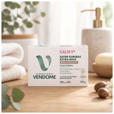 Laboratoires Vendôme Calm V+ Savon Surgras Extra-Doux Corps et Mains Beurre de Karité 125 g