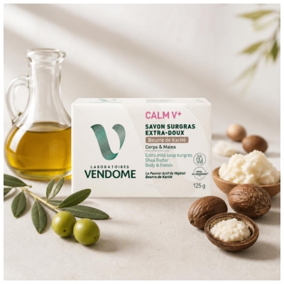 Laboratoires Vendôme Calm V+ Savon Surgras Extra-Doux Corps et Mains Beurre de Karité 125 g