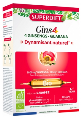 Superdiet Gins4+ 4 Ginsengs Guarana Bio 20 Ampoules de 10 ml