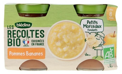 Blédina Les Récoltes Bio Pommes Bananes Bio 2 pots de 130 g (à consommer de préférence avant le 23/12/2026)