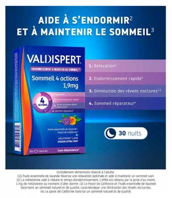 Valdispert Mélatonine 1,9 mg Sommeil 4 Actions 30 Comprimés