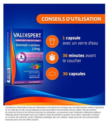 Valdispert Mélatonine 1,9 mg Sommeil 4 Actions 30 Comprimés