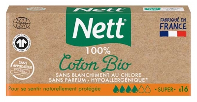 Nett Coton Bio Super Sans Applicateur Flux Abondants 16 Tampons