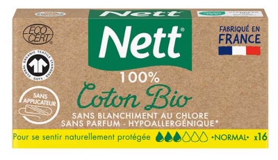Nett Coton Bio Normal Sans Applicateur Flux Moyens à Abondants 16 Tampons