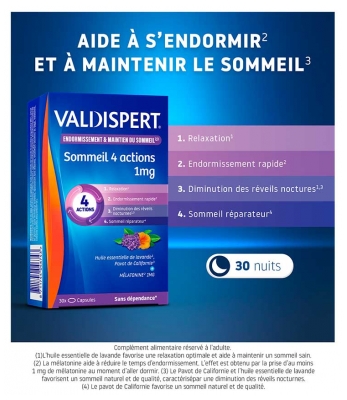 Valdispert Mélatonine 1 mg Sommeil 4 Action 30 Comprimés