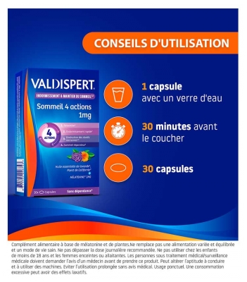 Valdispert Mélatonine 1 mg Sommeil 4 Action 30 Comprimés